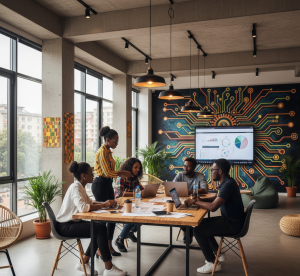 Tech entrepreneurs working together in modern Ghanaian coworking space