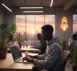 Developer coding on laptop in bright, modern tech hub workspace